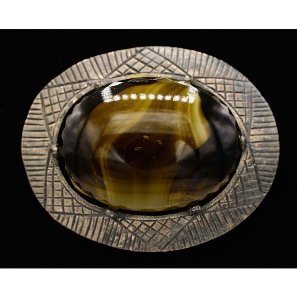 CoroCraft VIntage Cabochon Pin Brooch Oval Gunmetal Large Chunky Signed BinAH